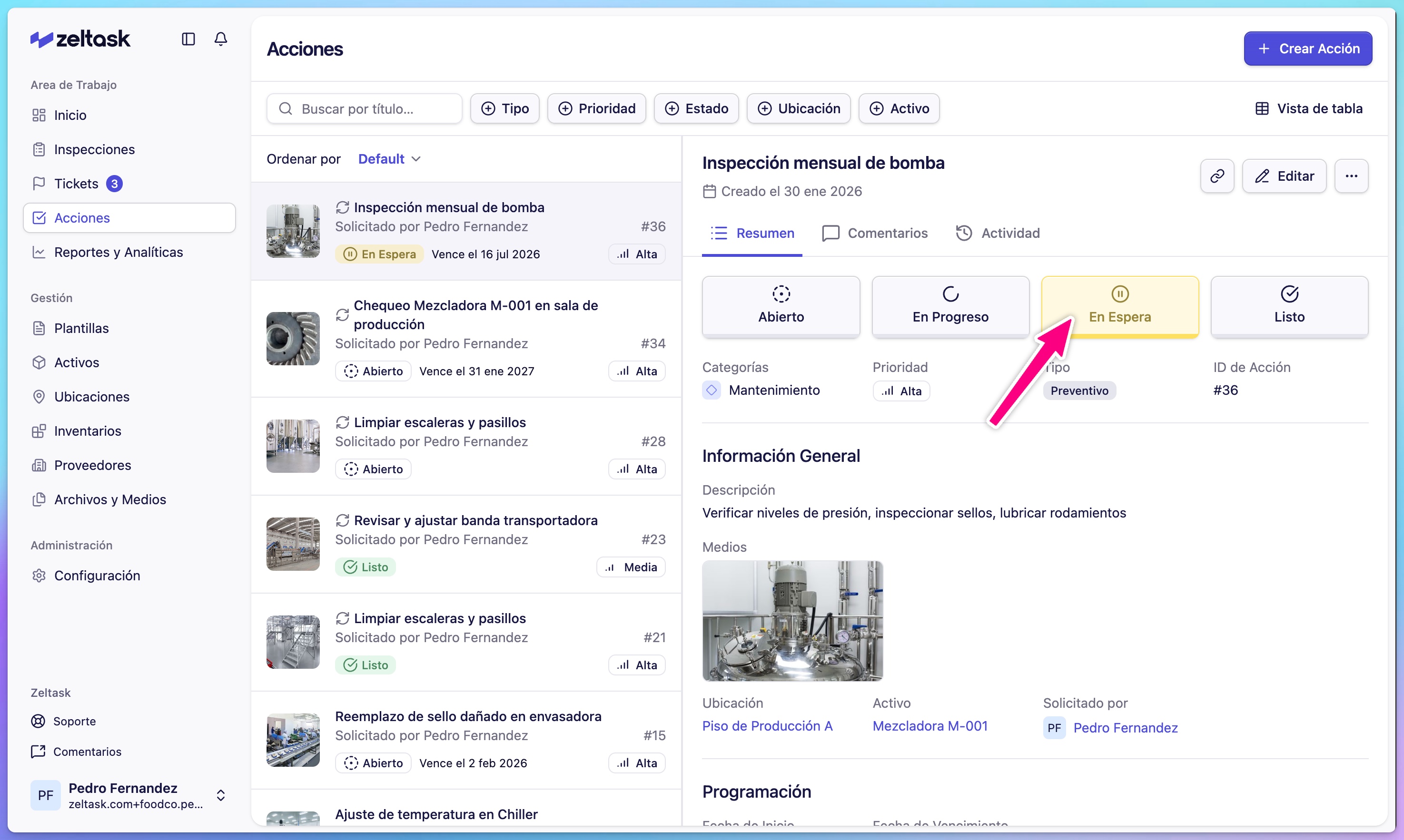Action detail view showing status dropdown